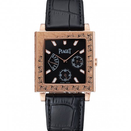 Piaget Emperador Limited Edition Black Dial Engraved Gold Case Black Leather Bracelet 1454137
