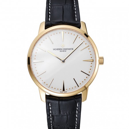 Swiss Vacheron Constantin Patrimony Grand Taille White Dial Gold Case Black Leather Bracelet 1454176