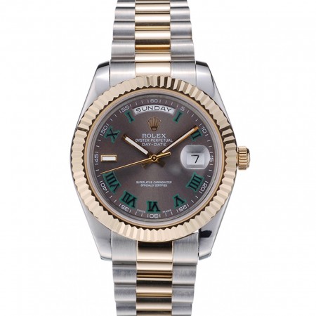 Rolex Swiss DayDate Gold Stainless Steel Ribbed Bezel Grey Dial 41909