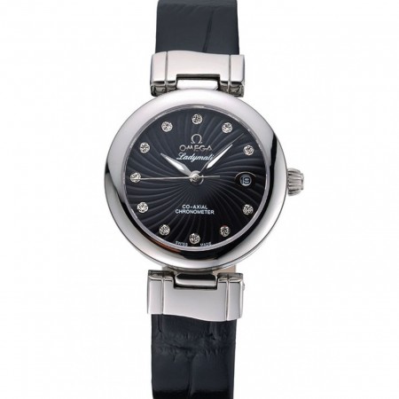 Omega Ladymatic Black Dial Black Leather Bracelet 622458