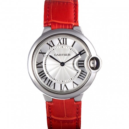 Cartier Ballon Bleu Silver Bezel with White Dial Red Leather Band 621551