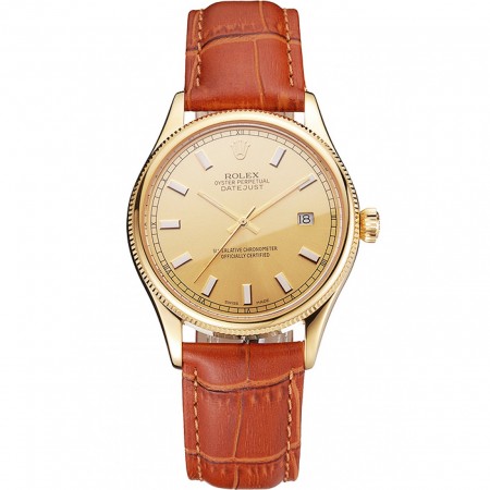 Swiss Rolex Datejust Gold Dial Gold Case Light Brown Leather Strap