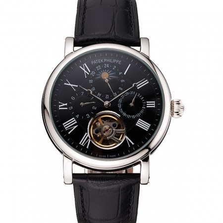 Patek Philippe Grand Complications Moonphase Perpetual Calendar Tourbillon Black Dial Stainless Steel Case Black Leather Strap
