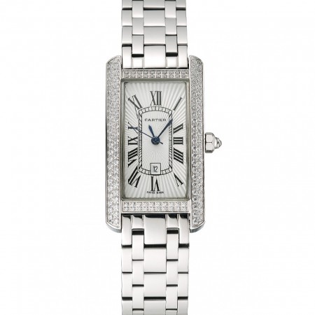 Cartier Tank Americaine White Dial Diamond Bezel Stainless Steel Case And Bracelet 1453777