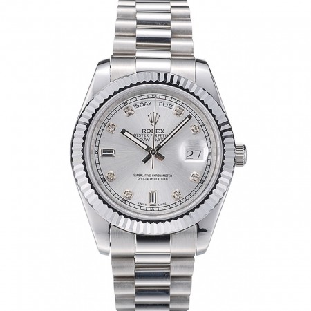 Rolex Swiss DayDate Stainless Steel Ribbed Bezel Silver Dial 41995
