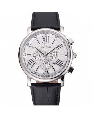Cartier Rotonde Chronograph White Dial Stainless Steel Case Black Leather Strap