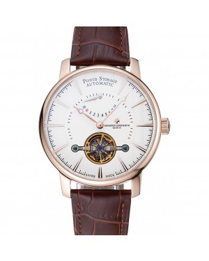 Vacheron Constantin Tourbillion Power Reserve White Dial Gold Case Brown Leather Bracelet 1454274