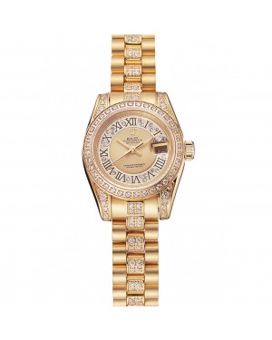 Swiss Rolex DayJust Diamond Pave Gold Dial Gold Diamond Bracelet 1453953
