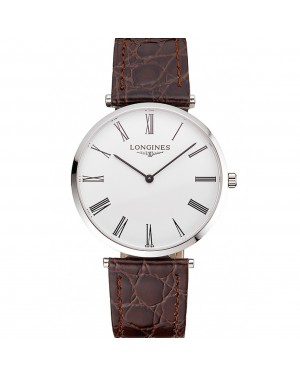 Swiss Longines Grande Classique White Dial Roman Numerals Stainless Steel Case Brown Leather Strap