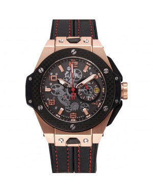 Hublot Big Bang Ferrari Silver Dial Carbon Bezel Gold Case Black Leather Strap 622769