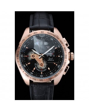 Tag Heuer Carrera Rose Gold Bezel with Black Dial and Black Leather Strap 621538