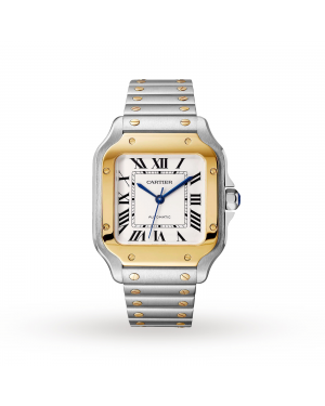 Swiss Santos de Cartier watch, Medium model, automatic, yellow gold and steel, interchangeable metal and leather bracelets