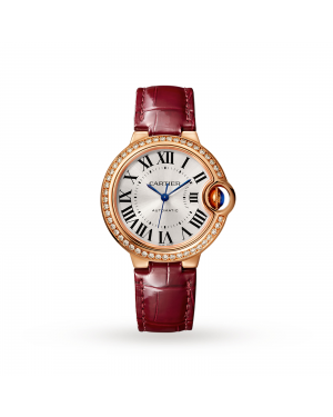 Swiss Ballon Bleu de Cartier watch, 33 mm, pink gold, diamonds, leather