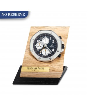 AUDEMARS PIGUET | ROYAL OAK OFFSHORE A STAINLESS STEEL ALARM DESK CLOCK WITH WOODEN STAND