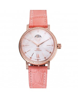 IWC Portofino Moon Phase Silver Dial Rose Gold Case Diamonds Bezel Pink Leather Strap