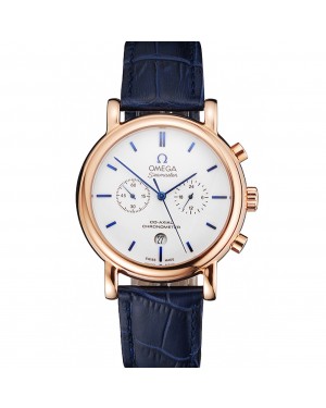 Omega Seamaster Vintage Chronograph White Dial Blue Hour Marks Rose Gold Case Blue Leather Strap