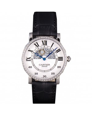 Cartier Moonphase Silver Watch with Black Leather Band ct255 621374