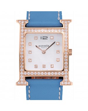 Hermes Heure H Rose Gold Diamond Encrusted Bezel Blue Leather Strap White Dial 80238