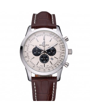 Breitling Transocean Chronograph White Dial Stainless Steel Case Brown Leather Bracelet 622243