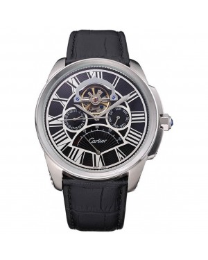 Cartier Calibre Tourbillon Black Dial Stainless Steel Case Black Leather Strap 622752
