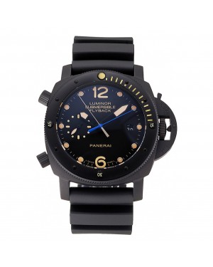 Panerai Luminor Submersible Flyback Date Black Dial Yellow Markings Black Ionized Case Black Rubber Strap
