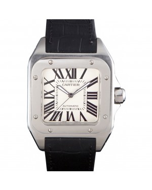 Swiss Cartier Santos Stainless Steel Bezel with Black Leather Strap 621524