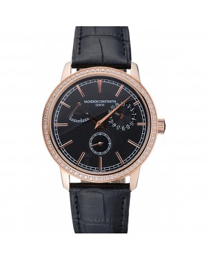 Vacheron Constantin Patrimony Power Reserve Black Dial Gold Diamond Case Black Leather Bracelet 1454269