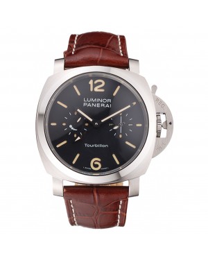 Panerai Luminor 1950 Tourbillon GMT Black Dial Stainless Steel Case Brown Leather Strap