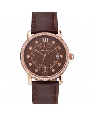 Cartier Ronde Solo Brown Dial Diamond Hour Marks And Bezel Rose Gold Case Brown Leather Strap