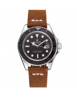 Rolex Yacht Master Black Dial Silver Case Brown Leather Bracelet 1453859