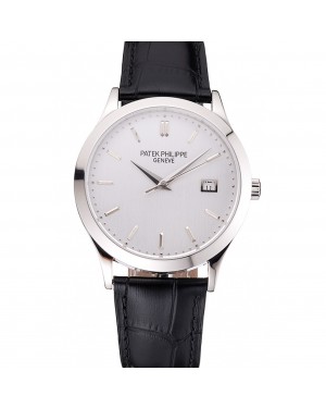 Swiss Patek Philippe Calatrava Silver Dial Stainless Steel Case Black Leather Strap