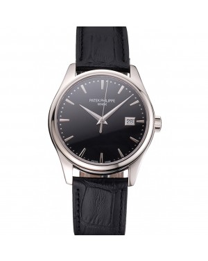 Swiss Patek Philippe Calatrava Black Dial Stainless Steel Case Black Leather Strap
