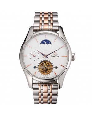 Omega De Ville Moonphase Tourbillon White Dial Stainless Steel Case Two Tone Steel Rose Gold Bracelet