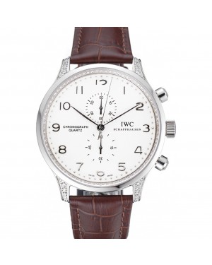 IWC Portugieser Chronograph White Dial Steel Hands And Numerals Steel Case With Diamonds Brown Leather Strap