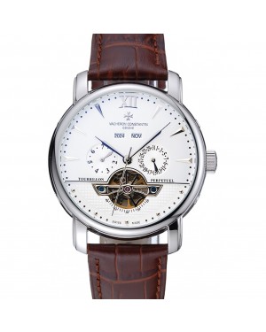Vacheron Constantin Tourbillion Perpetual Calendar White Dial Silver Case Brown Leather Bracelet 1454277