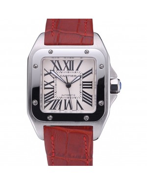 Swiss Cartier Santos White Dial Stainless Steel Case Red Leather Bracelet 622551