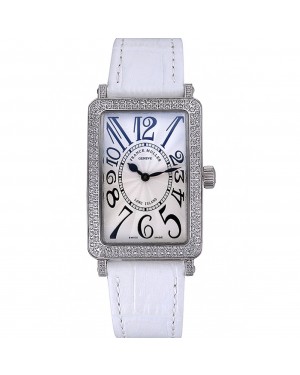 Franck Muller Long Island Classic White Dial Diamonds Case White Leather Band 622368