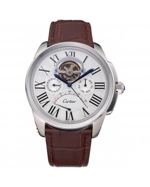 Cartier Calibre Tourbillon White Dial Stainless Steel Case Brown Leather Strap 622750