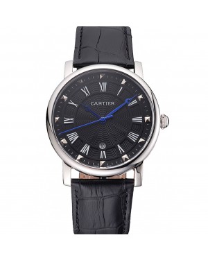 Cartier Rotonde Date Black Dial Stainless Steel Case Black Leather Strap