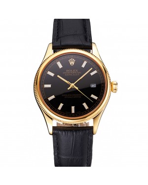 Swiss Rolex Datejust Black Dial Gold Case Black Leather Strap