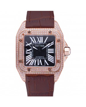 Swiss Cartier Santos Black Dial Diamonds Case Brown Leather Bracelet 622550