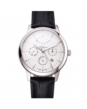 Swiss Vacheron Constantin Traditionnelle Power Reserve White Dial Stainless Steel Case Black Leather Strap