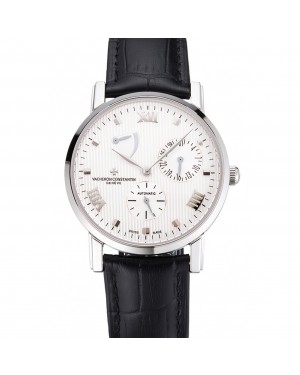 Swiss Vacheron Constantin Patrimony Quantieme Reserve De Marche White Dial Stainless Steel Case Black Leather Strap