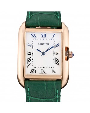 Cartier Tank Anglaise 30mm White Dial Gold Case Green Leather Bracelet