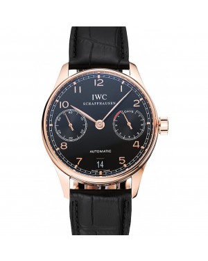 Swiss IWC Portuguese Black Dial Gold Case Black Leather Bracelet 1453918