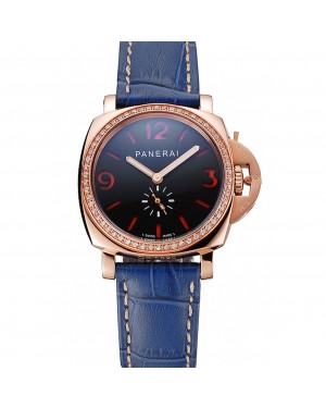Panerai Radiomir Black Dial Diamond Bezel Rose Gold Case Blue Leather Strap 1453800