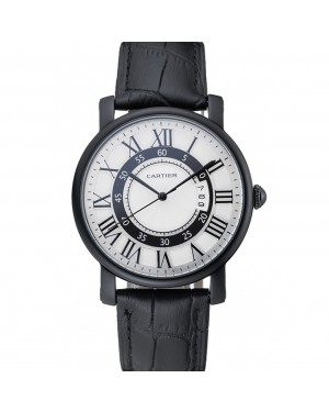 Cartier Rotonde White And Black Dial Black Case Black Leather Bracelet 1454219
