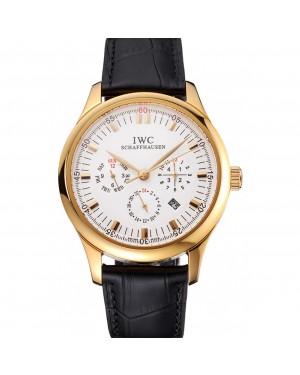 Swiss IWC Portugieser Perpetual Calendar White Dial Gold Case Black Leather Strap