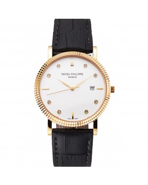 Patek Philippe Calatrava White Dial Diamond Hour Marks Ribbed Bezel Gold Case Black Leather Strap