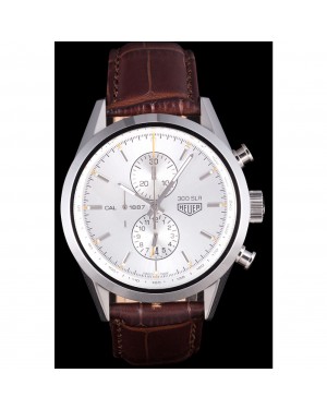 Tag Heuer SLR Brushed Stainless Steel Case Silver Dial Brown Leather Strap